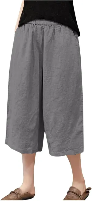 Women's Linen Capri Pants Loose High Waisted Trouser Cropped Casual Wide Leg Drawstring Pants with Pockets 2025
