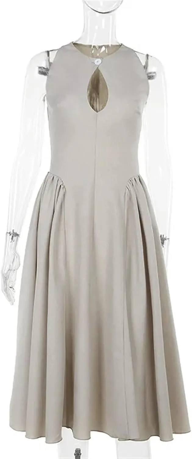 Women's Linen Dress Single Button Chest Hollowed Out Midi Dress Side Pleated Sleeveless Summer Sundress