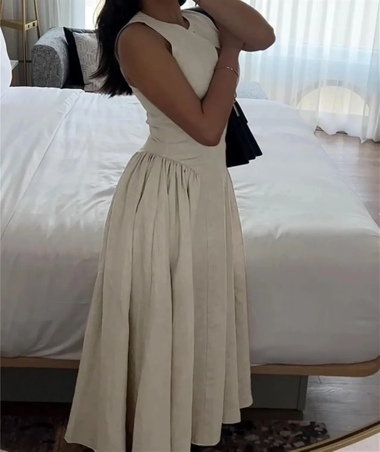 Women's Linen Dress Single Button Chest Hollowed Out Midi Dress Side Pleated Sleeveless Summer Sundress