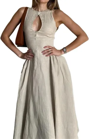 Women's Linen Dress Single Button Chest Hollowed Out Midi Dress Side Pleated Sleeveless Summer Sundress
