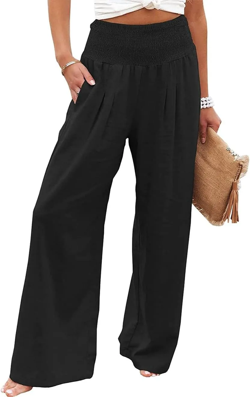 Womens Linen Palazzo Pants Wide Leg Elastic High Waisted Trousers Flowy Loose Long Lounge Comfy Pant with Pocket
