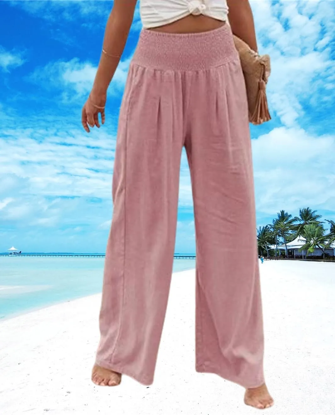 Womens Linen Palazzo Pants Wide Leg Elastic High Waisted Trousers Flowy Loose Long Lounge Comfy Pant with Pocket