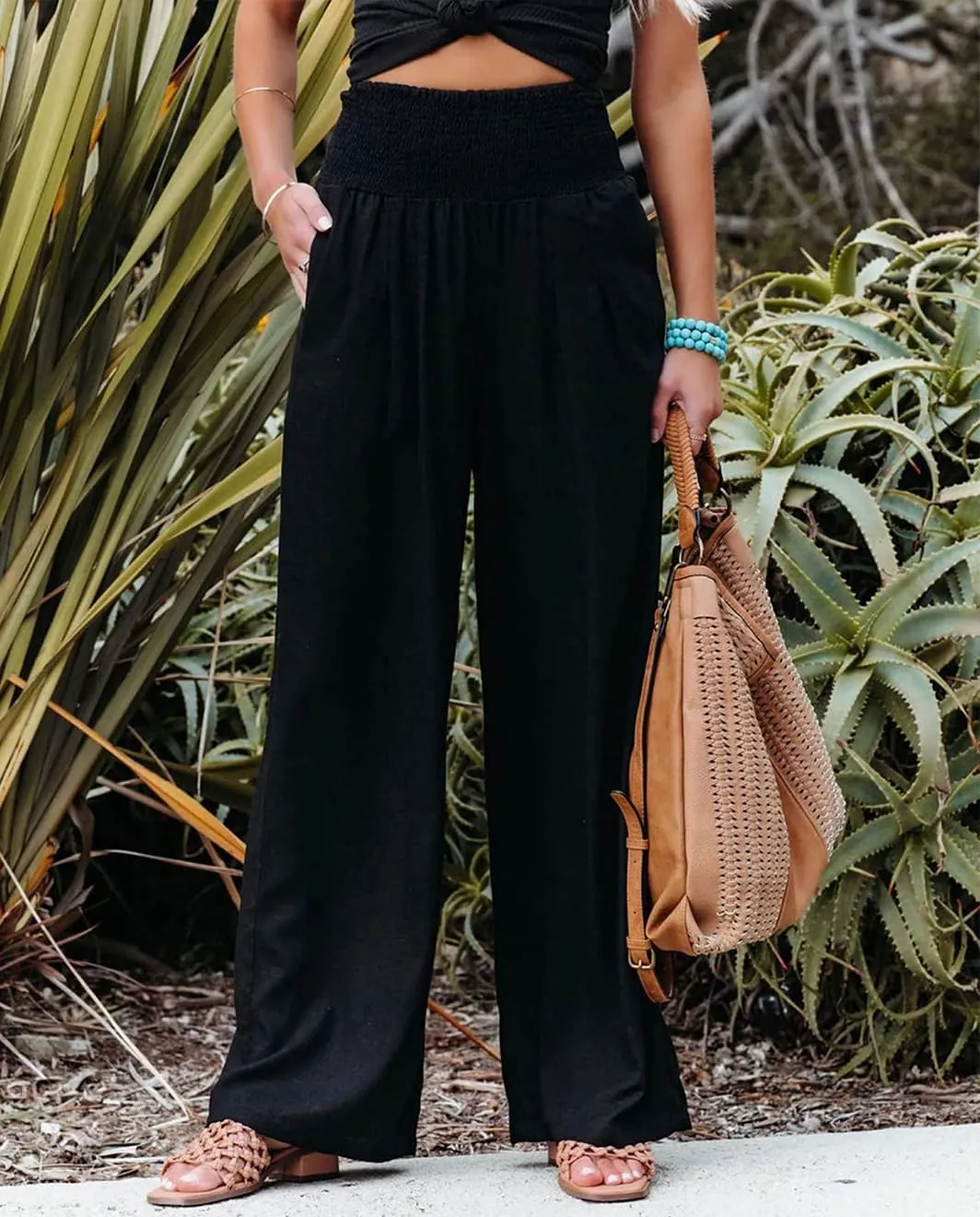 Womens Linen Palazzo Pants Wide Leg Elastic High Waisted Trousers Flowy Loose Long Lounge Comfy Pant with Pocket