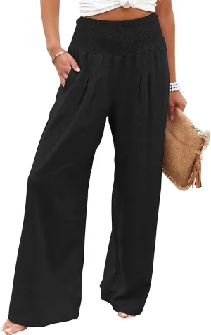 Womens Linen Palazzo Pants Wide Leg Elastic High Waisted Trousers Flowy Loose Long Lounge Comfy Pant with Pocket