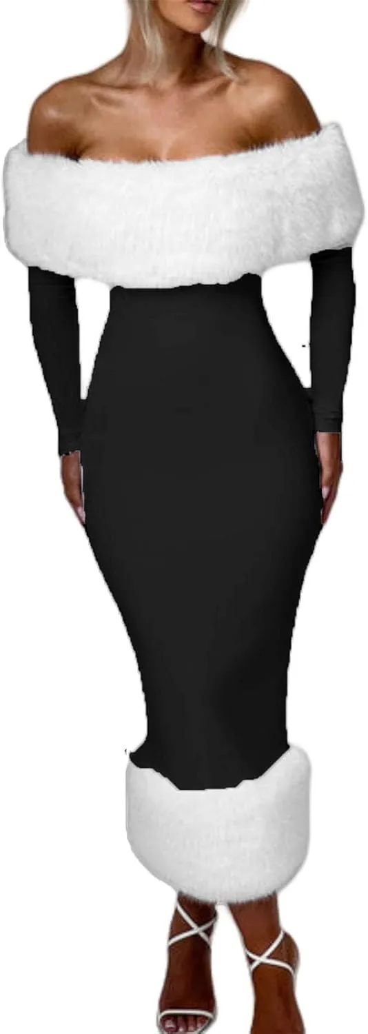 Womens Long Sleeve Wedding Dresses for Brides Off Shoulder Ruched Satin Faux Fur Midi Gowns