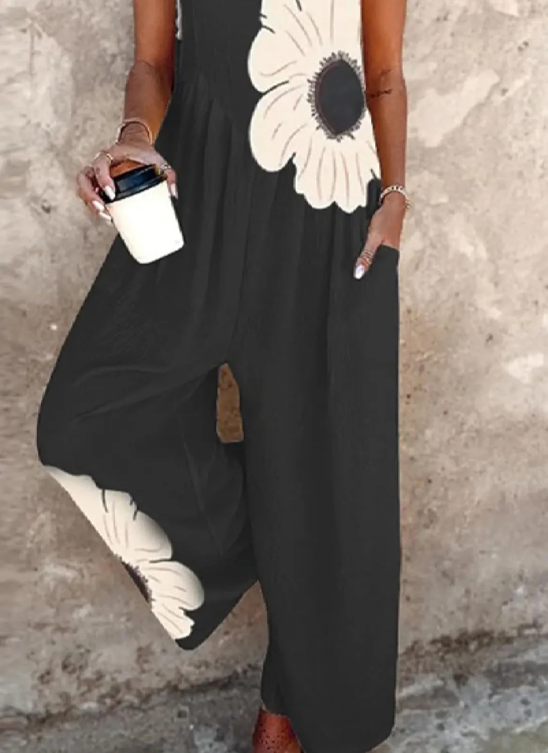 Women's Loose Overalls Jumpsuits Floral One Piece Sleeveless Wide Leg Long Pants Rompers With Pockets Casual Summer Outfits