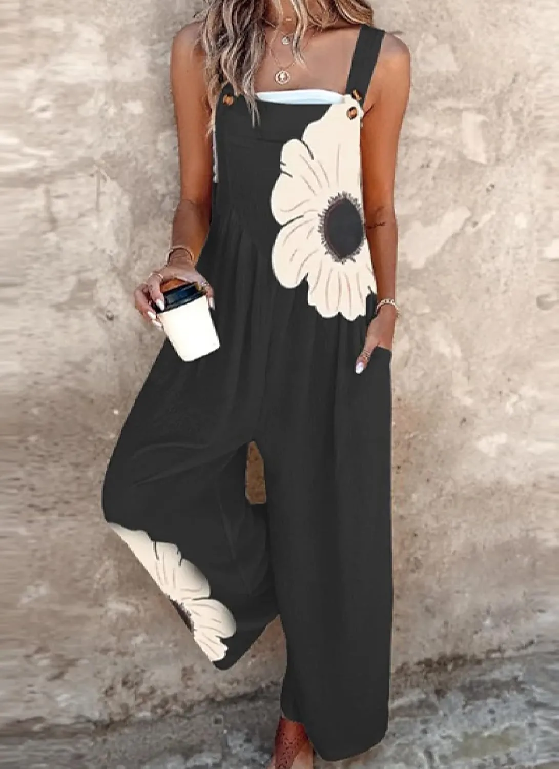 Women's Loose Overalls Jumpsuits Floral One Piece Sleeveless Wide Leg Long Pants Rompers With Pockets Casual Summer Outfits
