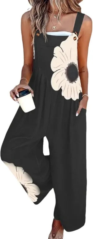 Women's Loose Overalls Jumpsuits Floral One Piece Sleeveless Wide Leg Long Pants Rompers With Pockets Casual Summer Outfits