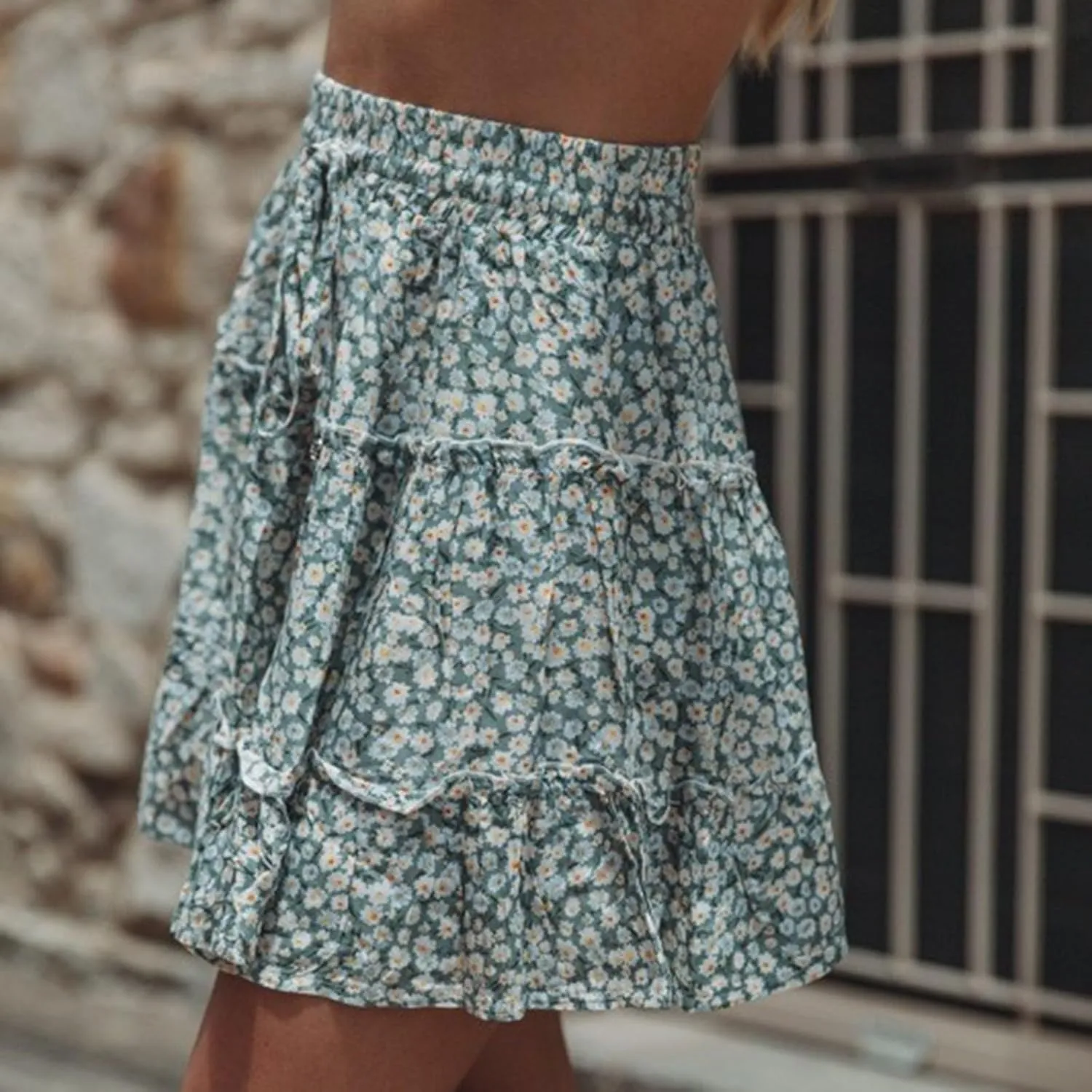 Women's Mini Skirt Summer Casual Stretch Waist Print Pleated Flared A Line Skater Shirt, S-2XL