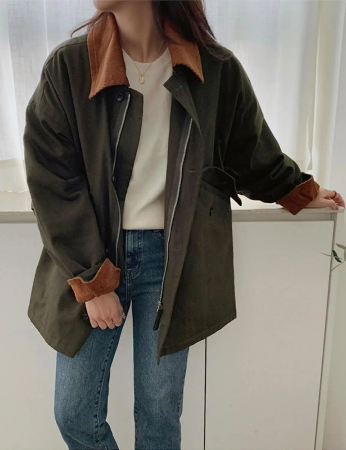 Womens Oversized Barn Jacket Button Down Canvas Jacket Corduroy Lapel Collar Fall Fashion 2024 Trendy Outwear