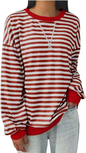 Womens Oversized Sweatshirt Long Sleeve Striped Sweatshirts Loose Fit Pullover Top Fashion Y2k Clothes Fall Outfits