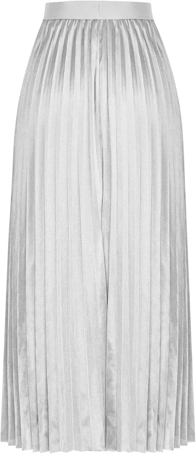 Womens Pleated Midi Skirts Elastic High Waist A-Line Ankle Length Skirt Ladies Elegant Evening Party Skirts