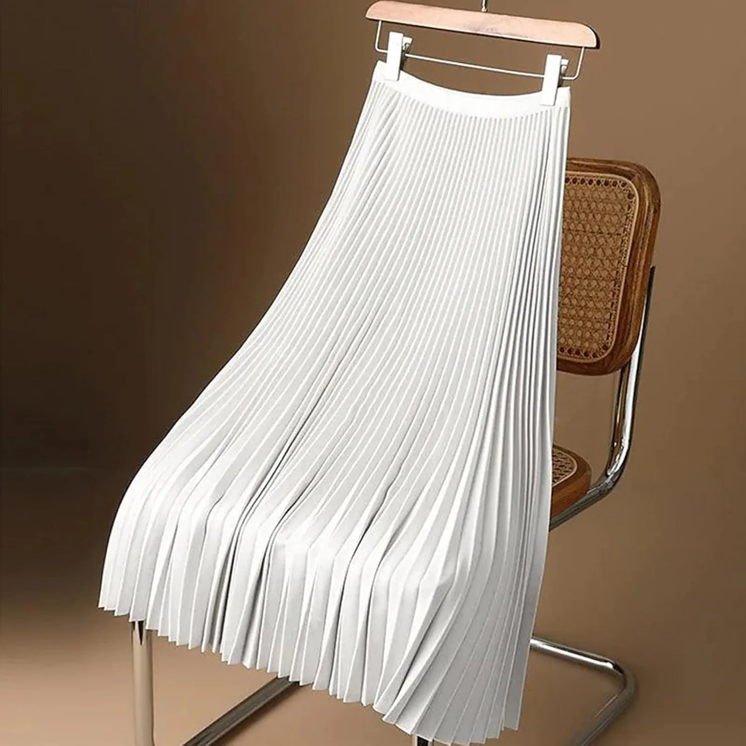 Womens Pleated Midi Skirts Elastic High Waist A-Line Ankle Length Skirt Ladies Elegant Evening Party Skirts