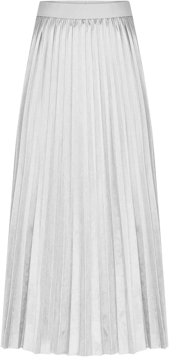 Womens Pleated Midi Skirts Elastic High Waist A-Line Ankle Length Skirt Ladies Elegant Evening Party Skirts