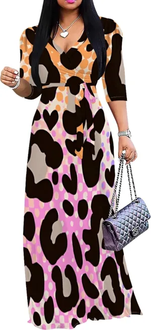 Womens Plus Size Fall Dresses Sexy Bodycon V Neck Maxi Dress Wrap Dress 3/4 Sleeve Boho Casual Floral A-Line Skirts