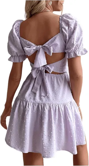 Women's Puff Sleeve Square Neck Ruffle Hem Mini Dress Tie Back High Waist A Line Dresses