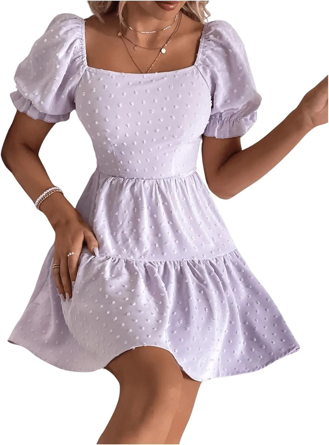 Women's Puff Sleeve Square Neck Ruffle Hem Mini Dress Tie Back High Waist A Line Dresses