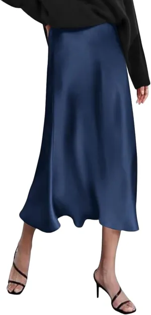 Womens Satin High Waist Skirt Summer Silk Elegant A Line Long Skirts 2025 Sexy Cocktail Party Wedding Midi Skirt