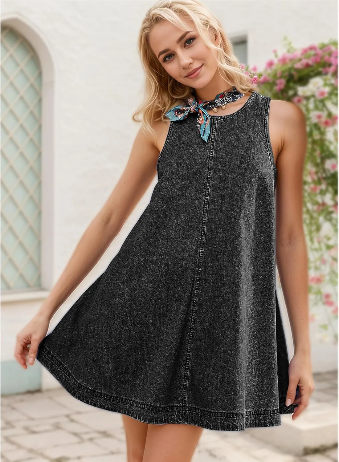 Women's Sleeveless Denim Babydoll Mini Dress Summer Casual Cutout Back A-Line Flowy Jean Dress with Pockets