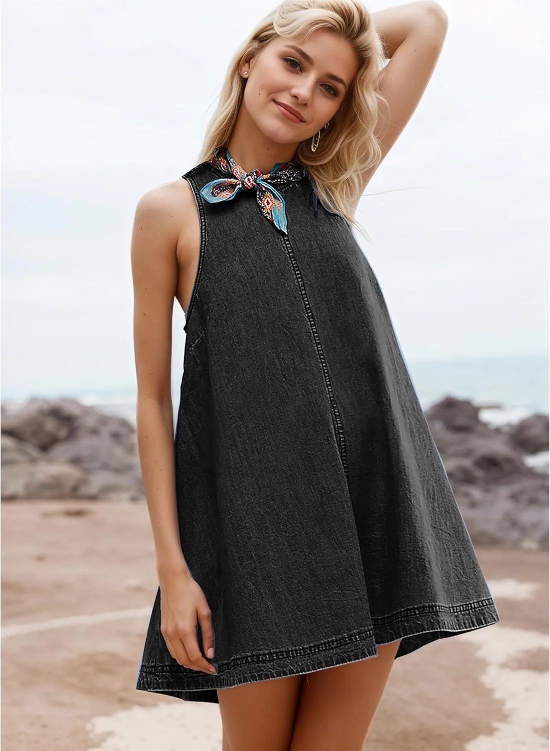 Women's Sleeveless Denim Babydoll Mini Dress Summer Casual Cutout Back A-Line Flowy Jean Dress with Pockets