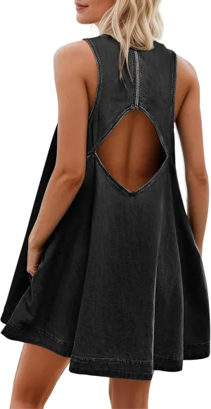 Women's Sleeveless Denim Babydoll Mini Dress Summer Casual Cutout Back A-Line Flowy Jean Dress with Pockets
