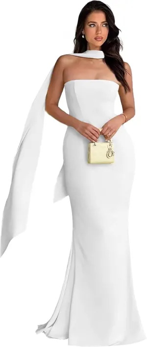 Women's Strapless Bridesmaid Dress with Scarf Mermaid Prom Dresses Modest Prom Gown Party Dress