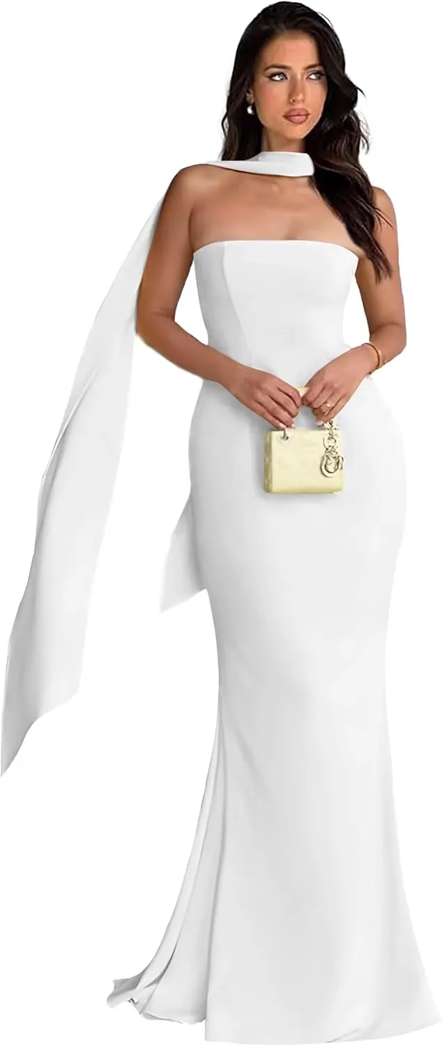 Women's Strapless Bridesmaid Dress with Scarf Mermaid Prom Dresses Modest Prom Gown Party Dress