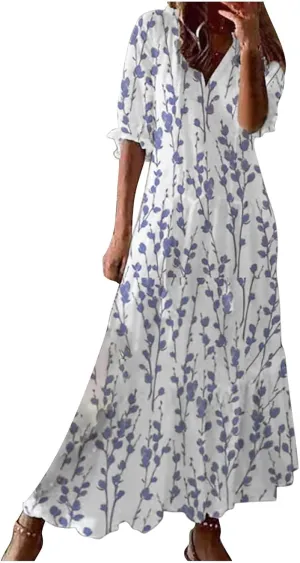 Women's Summer Boho Floral V Neck Ruffle Maxi Dress Flowy Casual Short Sleeve Tiered Beach Wedding Guest Tshirt Dress