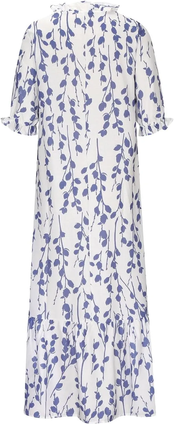 Women's Summer Boho Floral V Neck Ruffle Maxi Dress Flowy Casual Short Sleeve Tiered Beach Wedding Guest Tshirt Dress