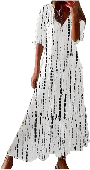 Women's Summer Boho Floral V Neck Ruffle Maxi Dress Flowy Casual Short Sleeve Tiered Beach Wedding Guest Tshirt Dress