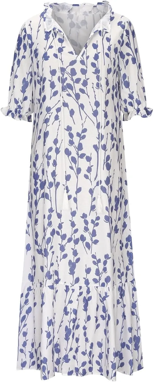 Women's Summer Boho Floral V Neck Ruffle Maxi Dress Flowy Casual Short Sleeve Tiered Beach Wedding Guest Tshirt Dress