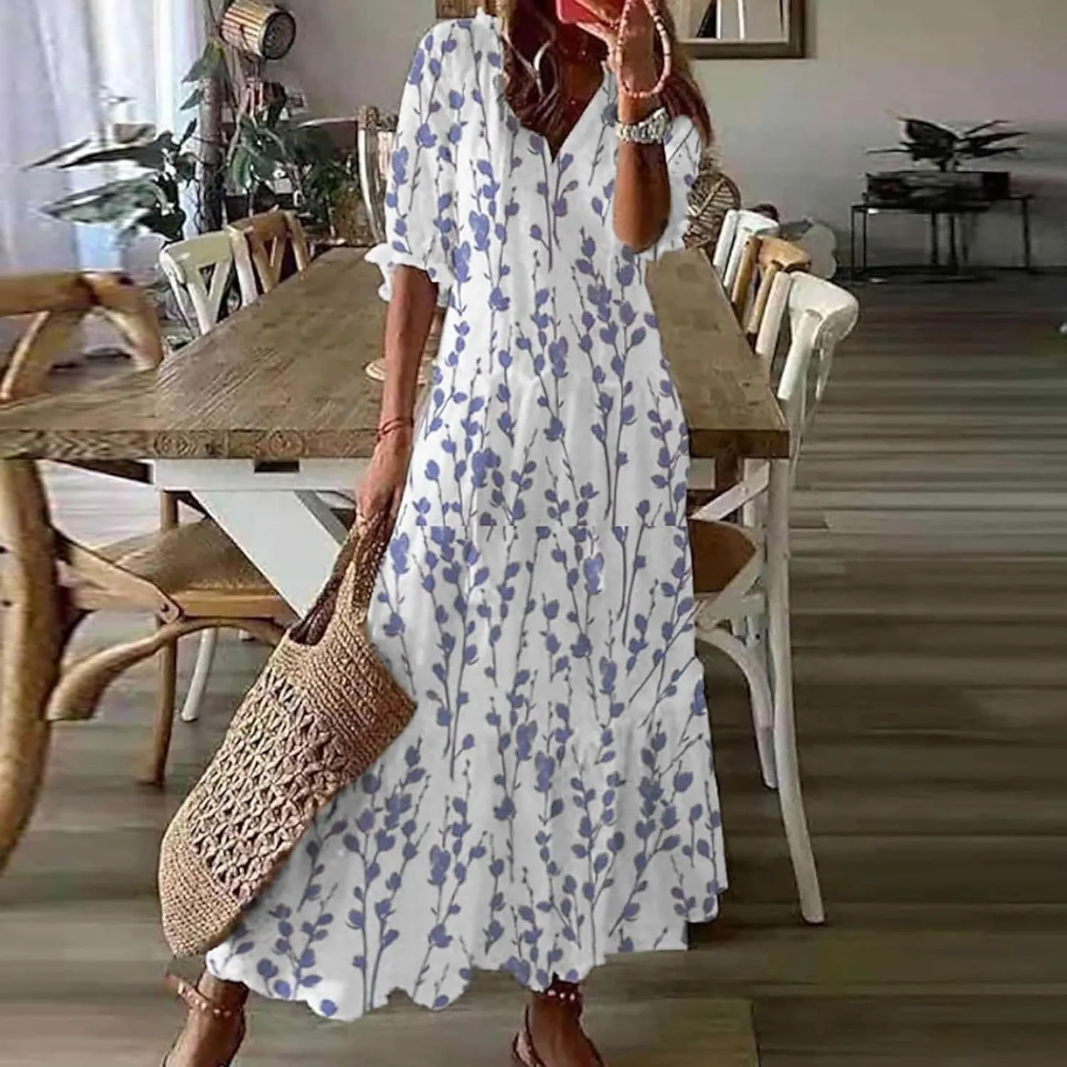 Women's Summer Boho Floral V Neck Ruffle Maxi Dress Flowy Casual Short Sleeve Tiered Beach Wedding Guest Tshirt Dress