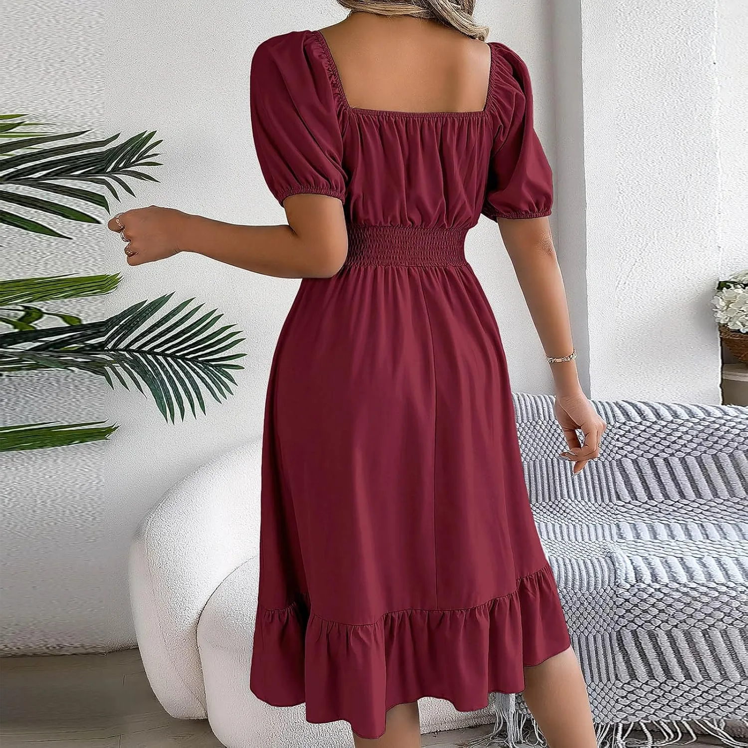 Womens Summer Dresses Short Sleeve Casual Swing Dress Elegant Square Neck Empire Waist Ruffle Sundress 2024