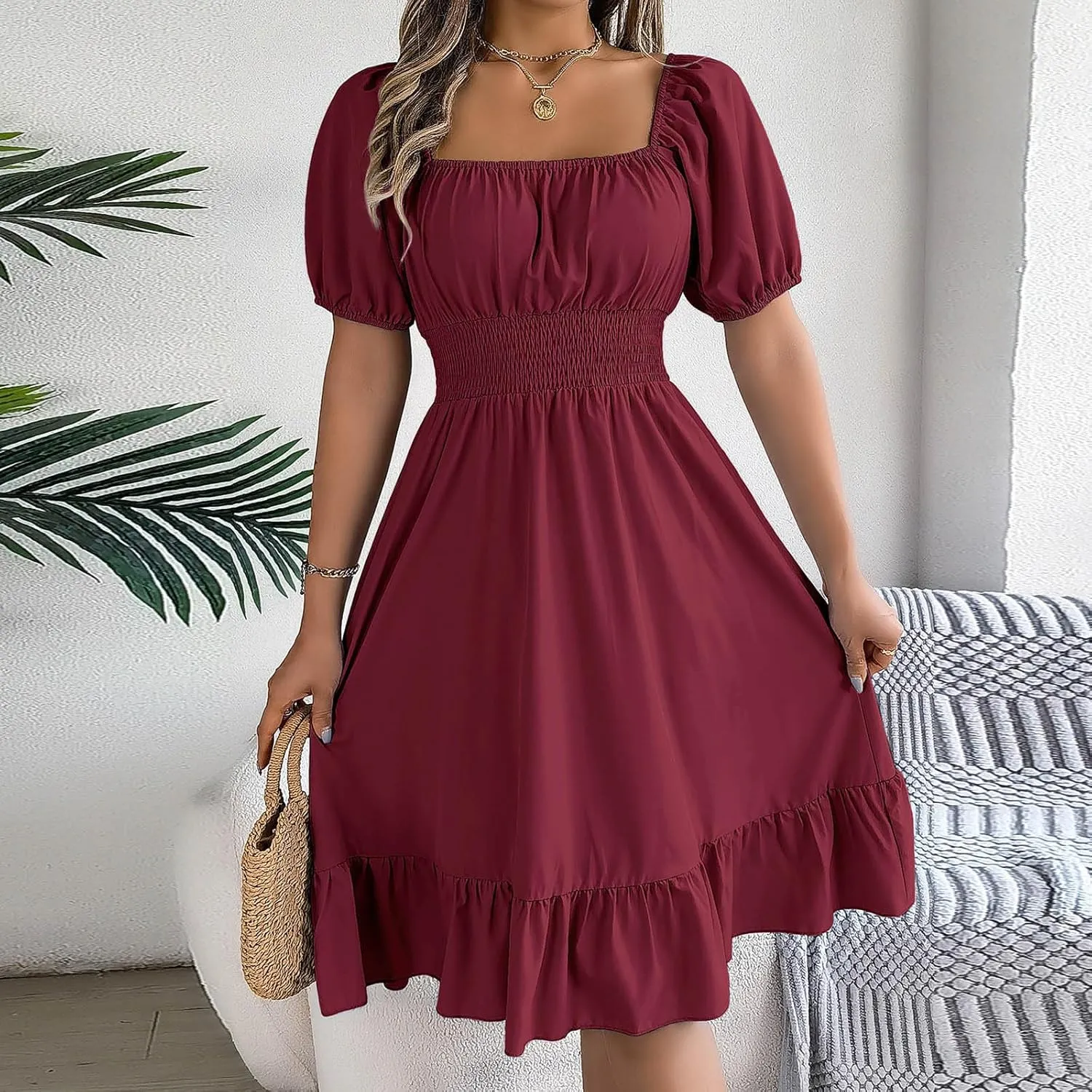 Womens Summer Dresses Short Sleeve Casual Swing Dress Elegant Square Neck Empire Waist Ruffle Sundress 2024