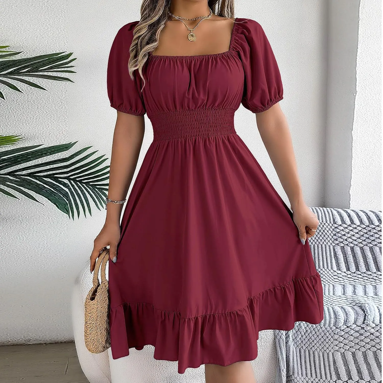 Womens Summer Dresses Short Sleeve Casual Swing Dress Elegant Square Neck Empire Waist Ruffle Sundress 2024