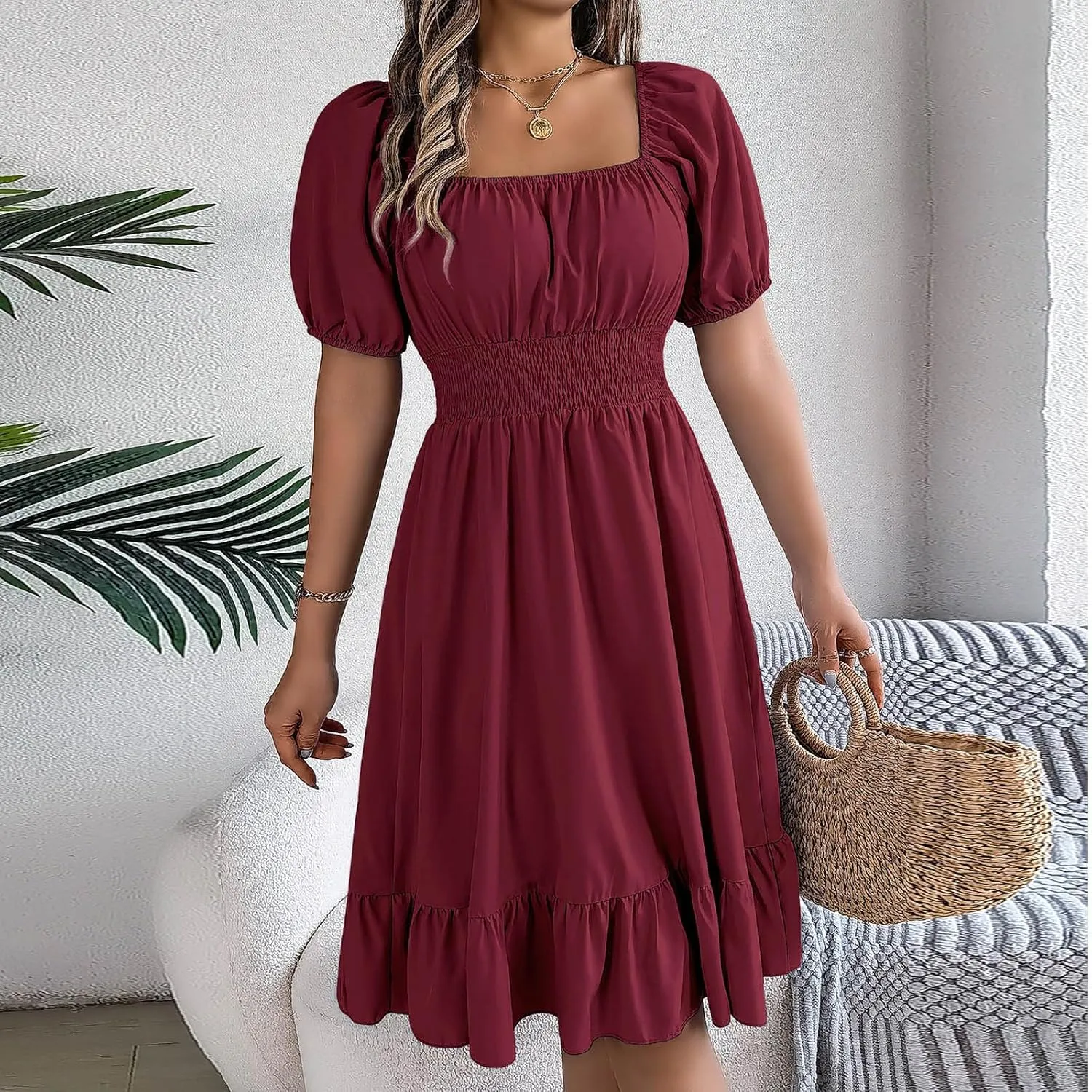 Womens Summer Dresses Short Sleeve Casual Swing Dress Elegant Square Neck Empire Waist Ruffle Sundress 2024