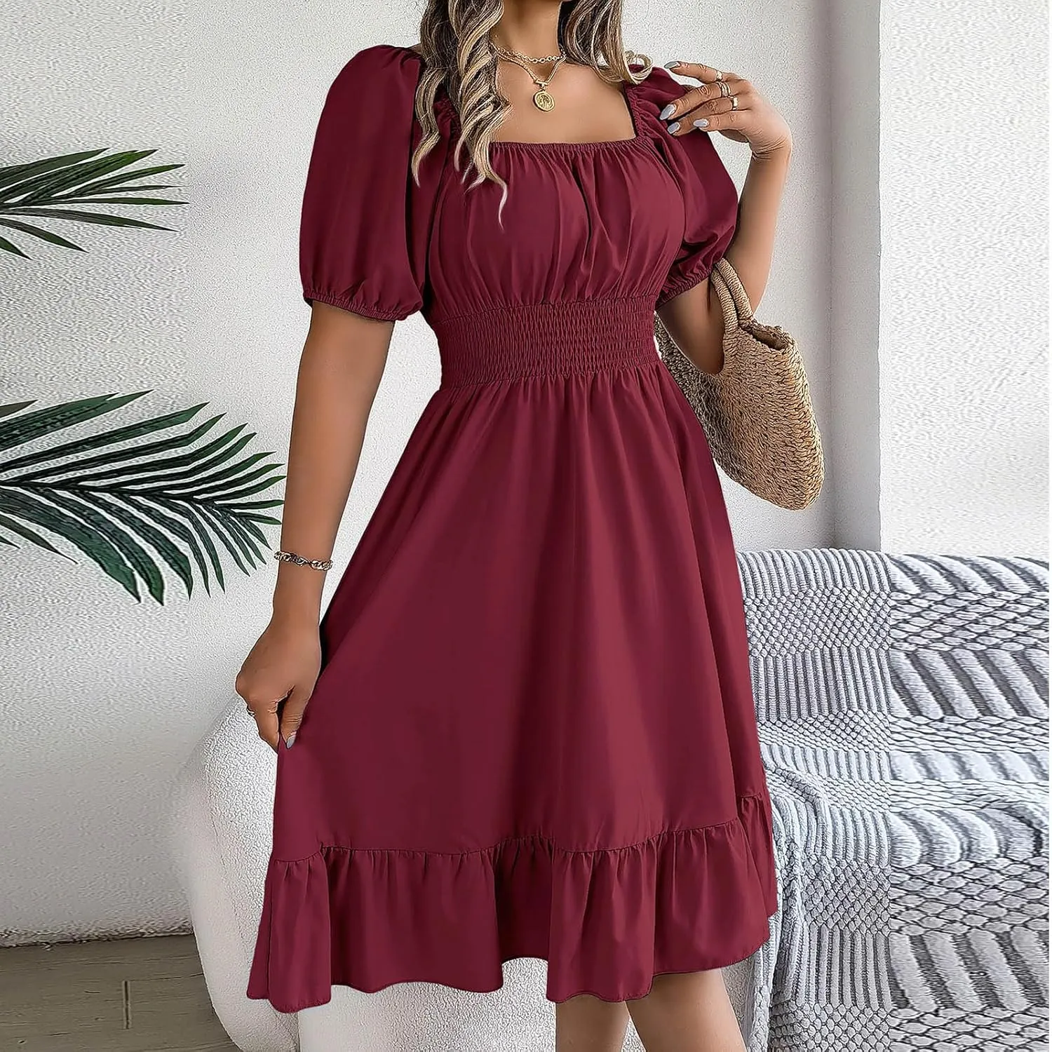 Womens Summer Dresses Short Sleeve Casual Swing Dress Elegant Square Neck Empire Waist Ruffle Sundress 2024