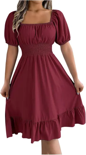 Womens Summer Dresses Short Sleeve Casual Swing Dress Elegant Square Neck Empire Waist Ruffle Sundress 2024