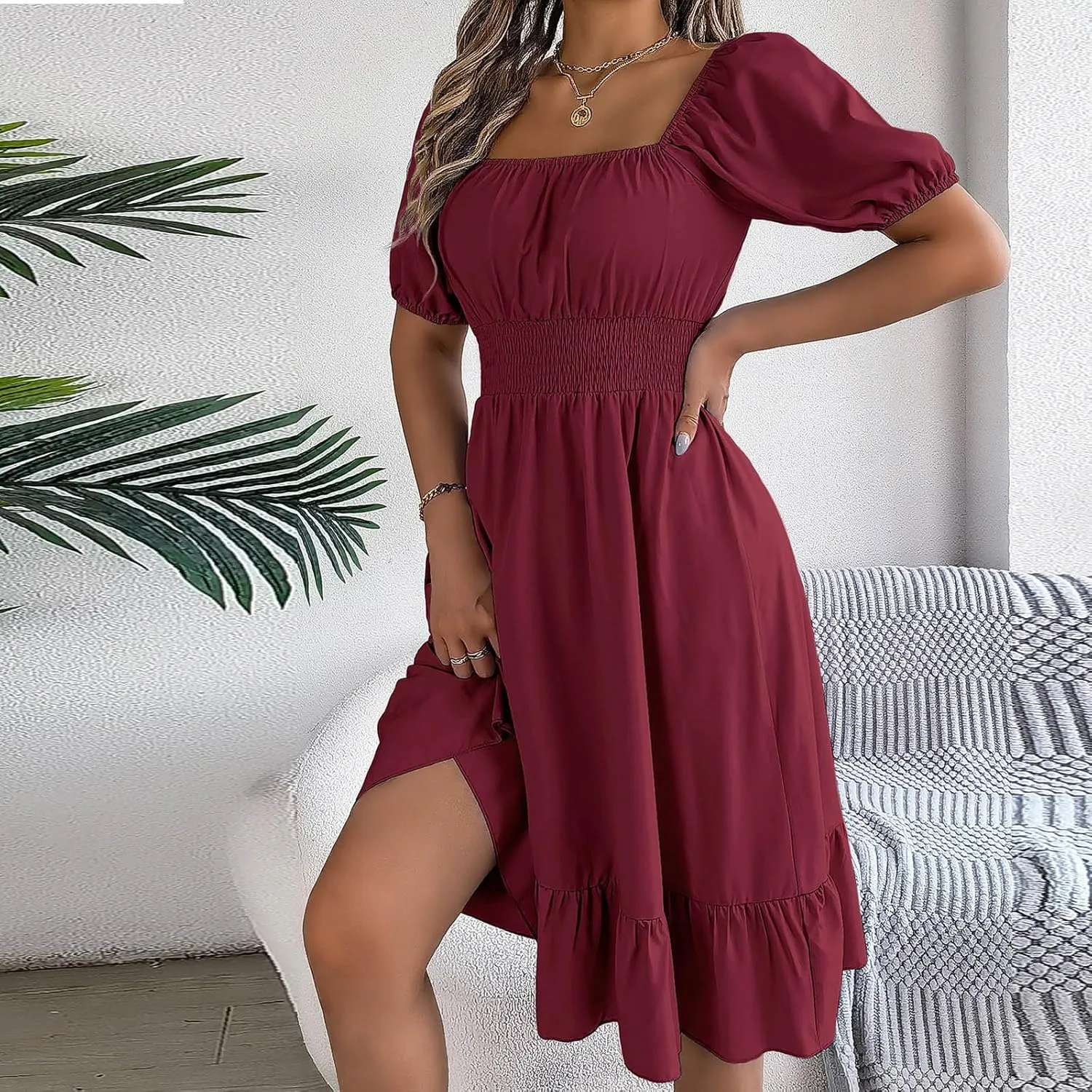 Womens Summer Dresses Short Sleeve Casual Swing Dress Elegant Square Neck Empire Waist Ruffle Sundress 2024