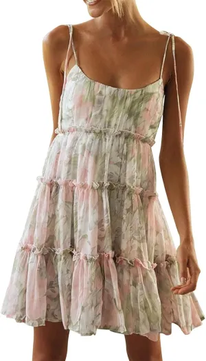 Women's Summer Floral Ruffle Swing Mini Dress, Summer Square Neck Off Shoulder Smocked Casual Short Mini Dress