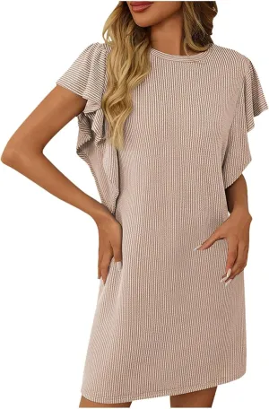 Womens Summer Ruffle Sleeve Mini Dress Crew Neck A Line Lightweight Soft Solid Casual Baby Dolls Short Dresses