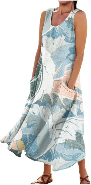 Women's Summer Sleeveless Cotton Tank Dress Casual Loose A-Line Midi Long Beach Dresses Sundress with Pockets