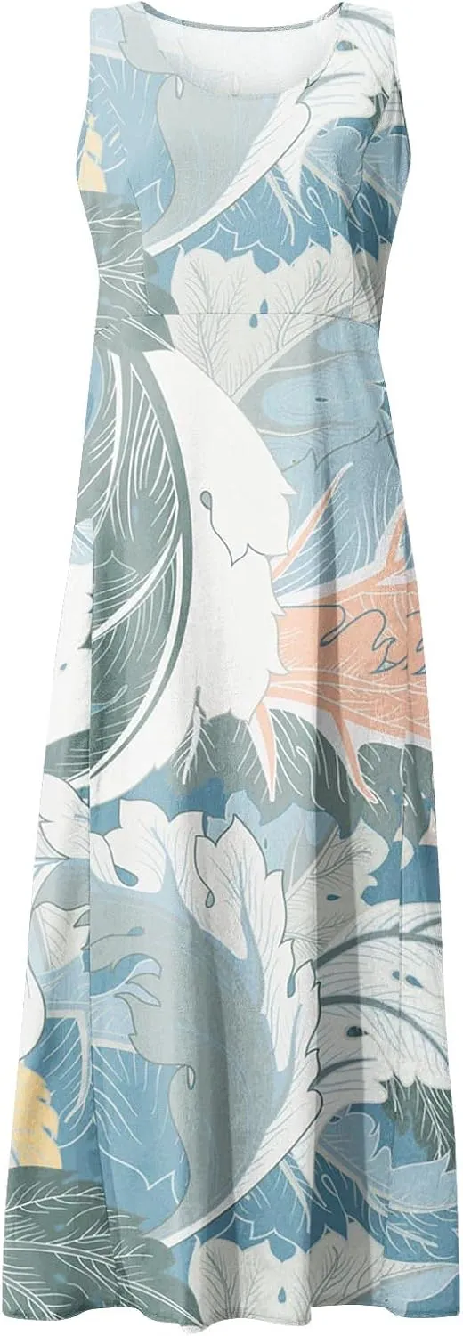 Women's Summer Sleeveless Cotton Tank Dress Casual Loose A-Line Midi Long Beach Dresses Sundress with Pockets