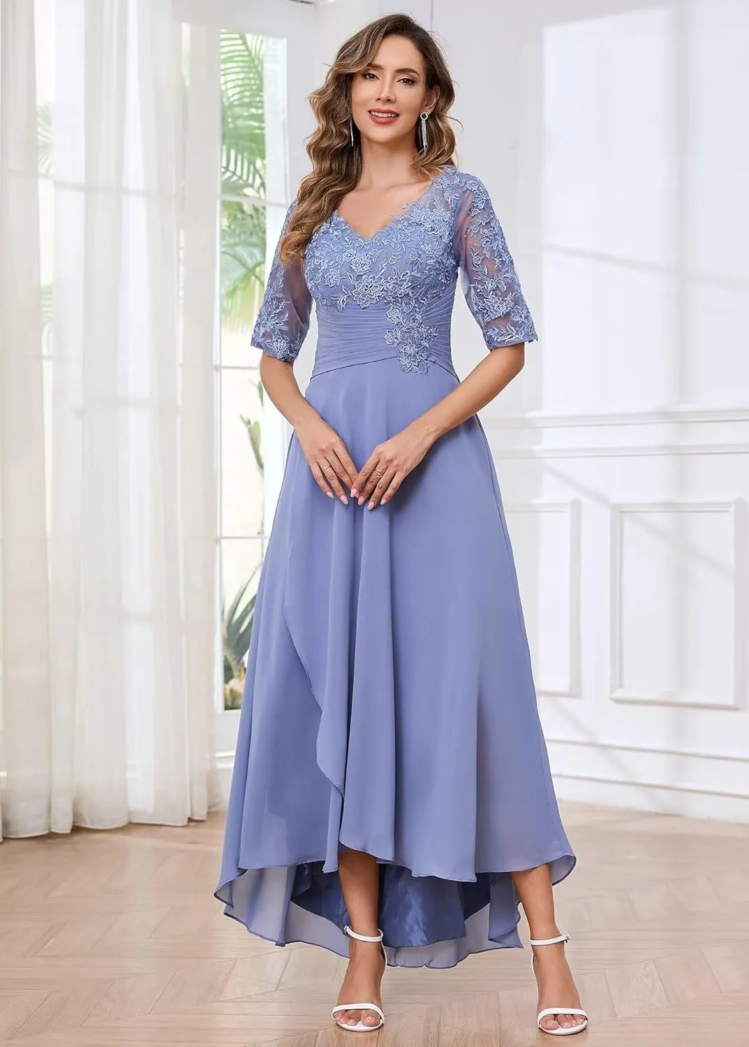Women's Tea Length Mother of The Bride Dresses Half Sleeve Lace Applique V Neck Chiffon Formal Evening Dresses