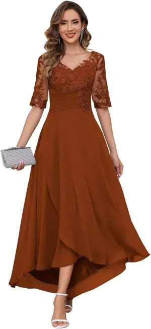 Women's Tea Length Mother of The Bride Dresses Half Sleeve Lace Applique V Neck Chiffon Formal Evening Dresses