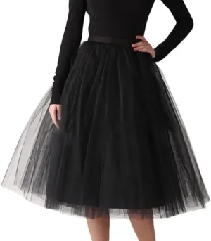 Women's Tulle Skirt Mesh Pleated Skirt Elastic High Waist Layered Mesh Ballet Party Vintage Tutu A-line Midi Skirt