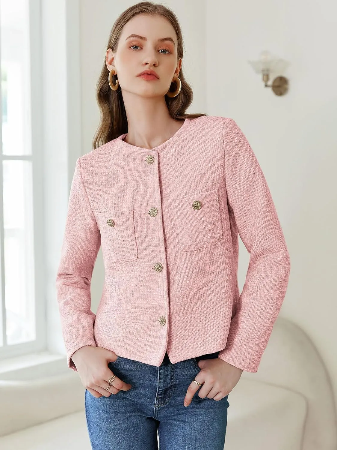 Women's Tweed Jackets Long Sleeve Business Button Down Casual Cropped Blazer with Pockets