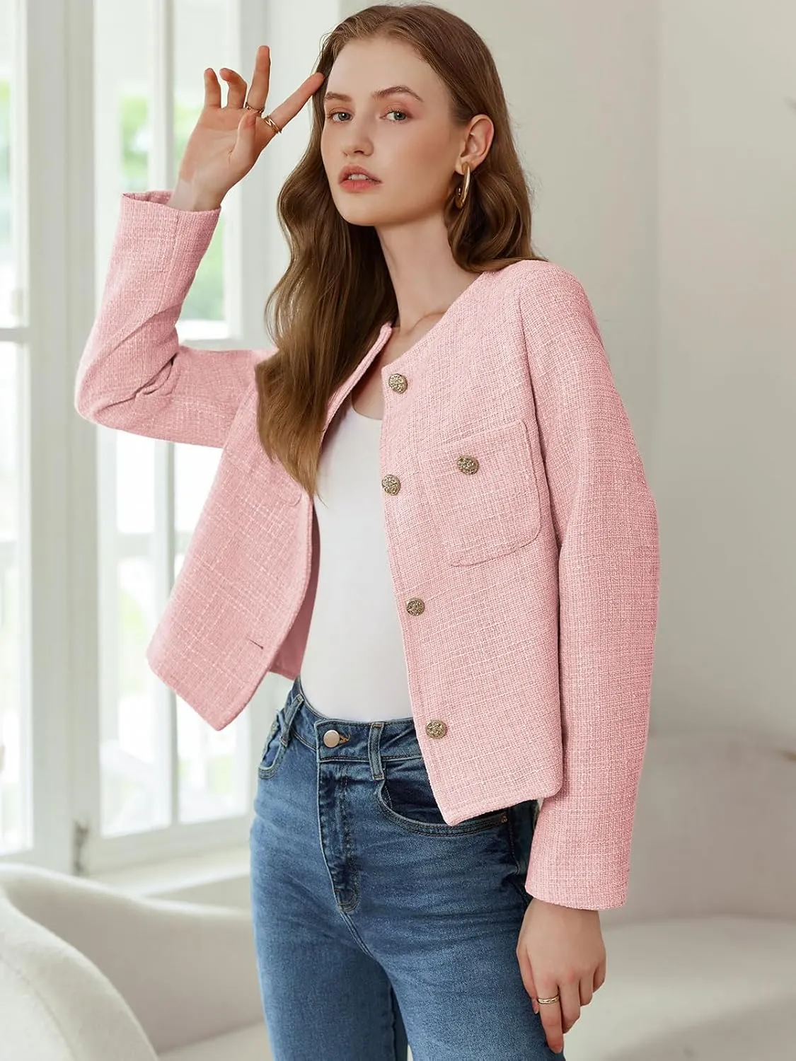 Women's Tweed Jackets Long Sleeve Business Button Down Casual Cropped Blazer with Pockets
