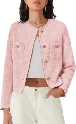 Women's Tweed Jackets Long Sleeve Business Button Down Casual Cropped Blazer with Pockets