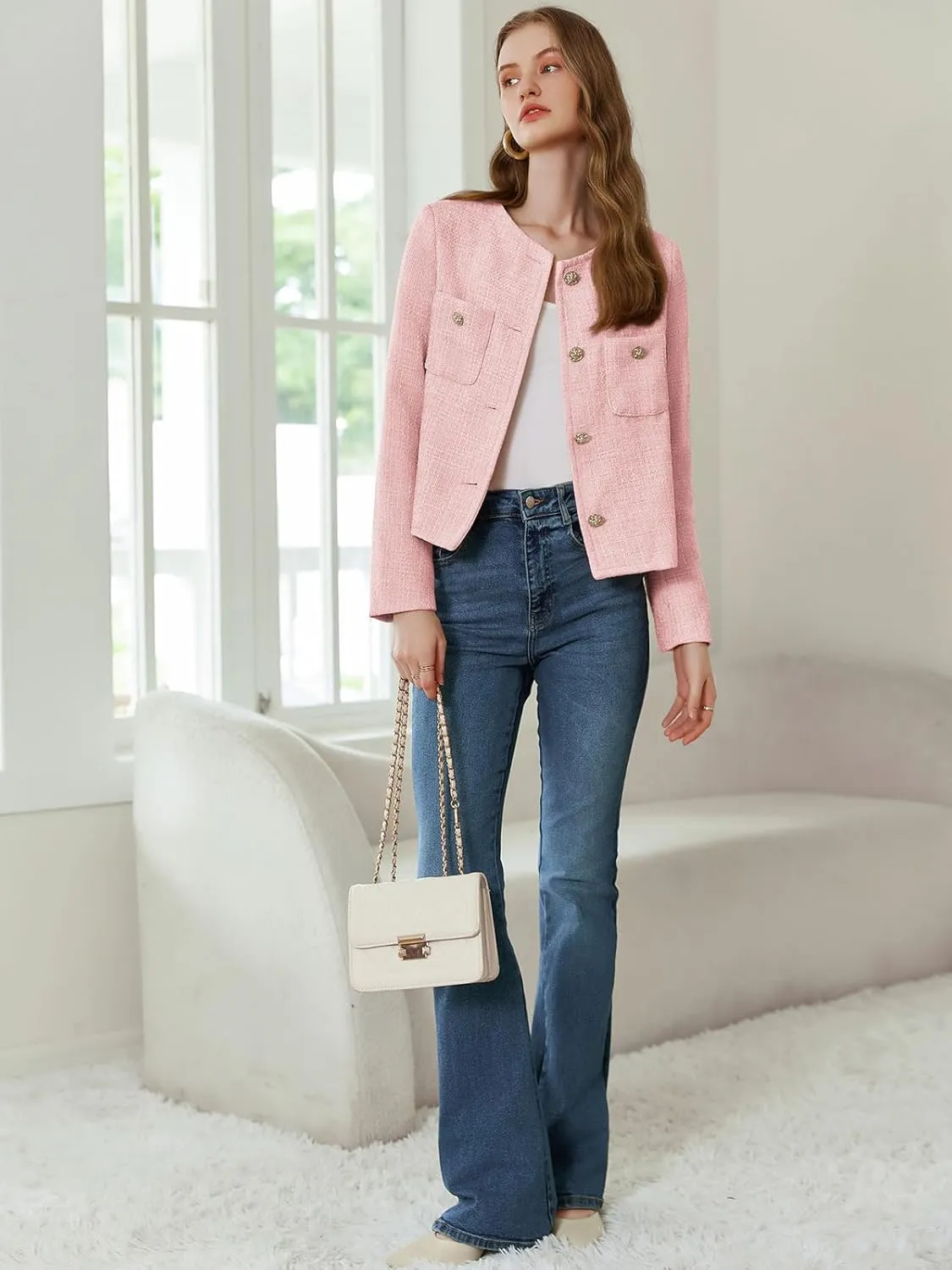 Women's Tweed Jackets Long Sleeve Business Button Down Casual Cropped Blazer with Pockets